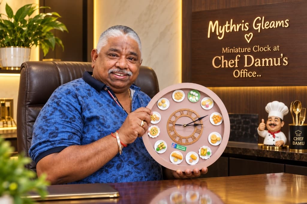 Mythris Gleams Bespoke Miniature Food Wall Clock at Chef Damu's Office